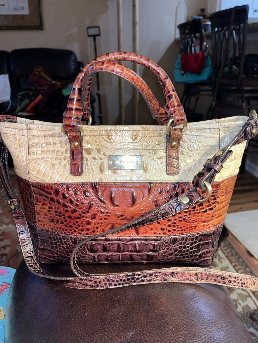 EUC Authentic Brahmin Arno Tri Colored Croc Embossed Leather Handbag